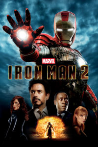 The poster for Iron Man 2 with Iron Man standing with his hand blaster extended ready to shoot