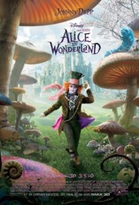 The poster for Tim Burton's Alice in Wonderland with Johnny Depp as the Mad Hatter walking toward the viewer through a mushroom forest