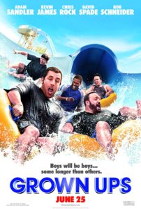The poster for the movie Grown Ups with Adam Sandler and his friends riding up inner-tubes down a waterslide