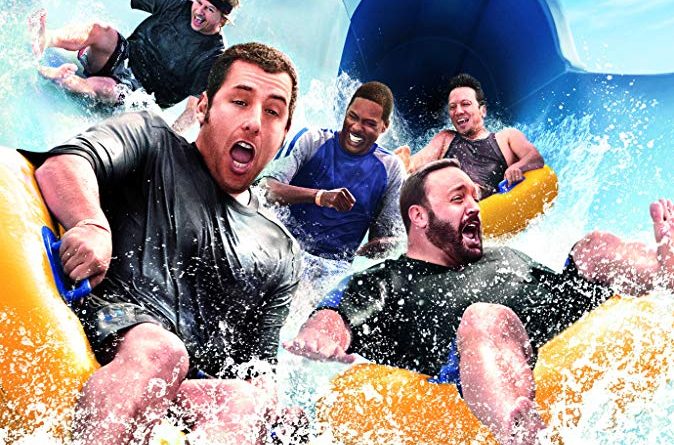 The poster for the movie Grown Ups with Adam Sandler and his friends riding up inner-tubes down a waterslide
