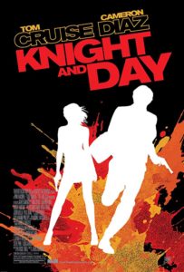 The poster for the movie Knight and Day with stylized fire in the background while white silhouetted characters are running together 