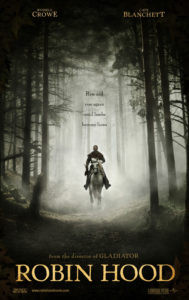 Robin Hood 2010 movie poster with Robin on a horse riding through foggy woods