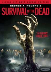 The poster for the movie Survival of the Dead with a zombie hand sticking out of the ground