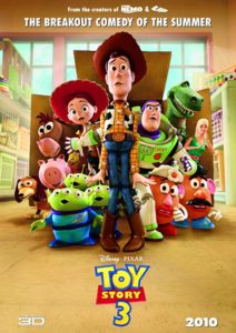 The poster for Toy Story 3 with Woody standing in front of a box nervously holding the rest of the gang back