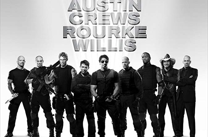 The poster for the movie The Expendables that's black and white with all of the action stars sending together and their names stacked on top of them