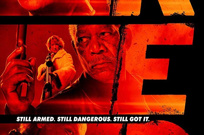 The poster for the movie RED with the letters and the characters stacked next to them in a red hue