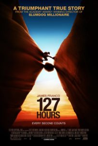 The poster for the movie 127 Hours with James Franco caught between a rock and a hard place at the poster's center
