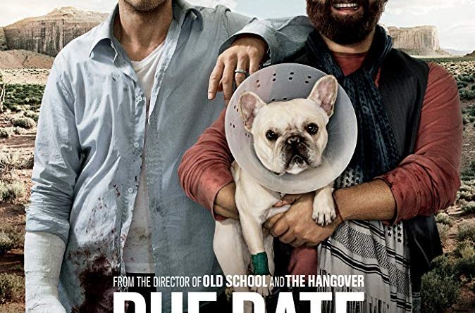 The poster for the movie Due Date with Robert Downey Jr. and Zach Galifianakis looking haggard with a desert road behind them while Galifianakis holds a white bulldog in a cone