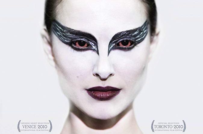 The poster for the movie Black Swan where Natalie Portman is wearing swan makeup and a crown