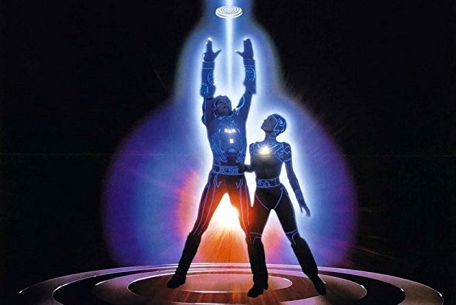 The poster for the movie Tron with the main character holding up a disk in a glowing beam