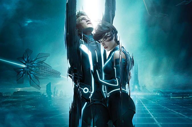 The poster for the movie Tron: Legacy, which mimics the original Tron poster with Garrett Hedlund and Olivia Wilde standing under a beam of line shooting through a disc.