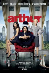 The poster for the movie Arthur with Jennifer Garner and Helen Mirren sitting on either site of Russell Brand sitting in a red chair