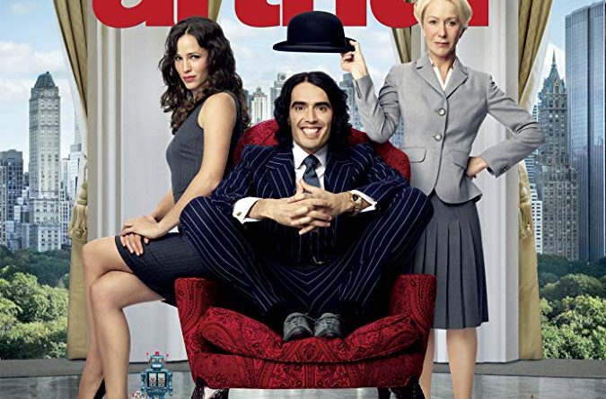 The poster for the movie Arthur with Jennifer Garner and Helen Mirren sitting on either site of Russell Brand sitting in a red chair