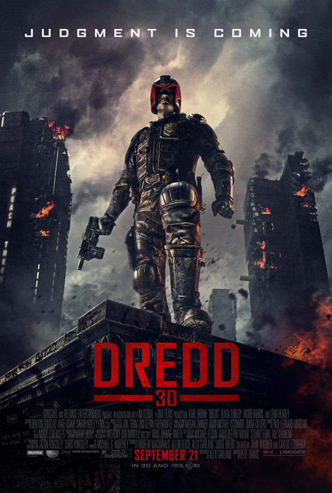 Dredd 3D movie poster with Judge Dredd on top of a building holding a gun