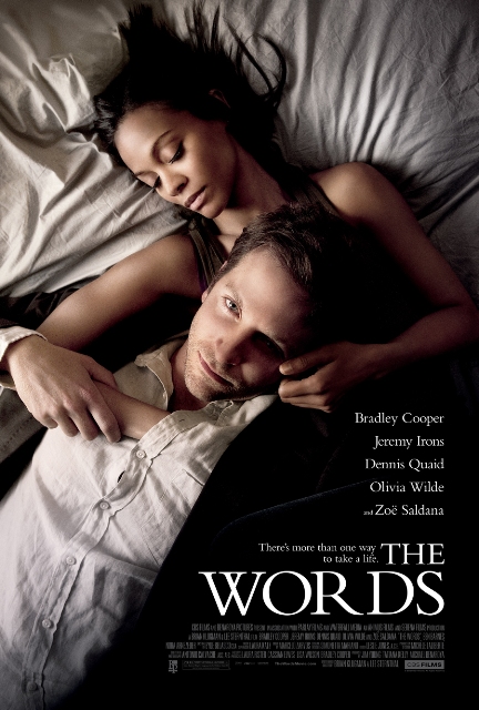 The Words movie poster with Zoe Saldana holding Bradley Cooper in bed