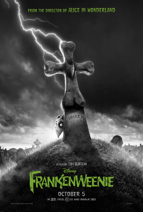 Frankenweenie movie poster with lightning striking a tombstone with a cross