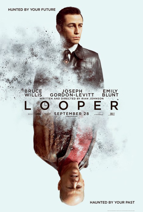 Looper movie poster with Joseph Gordon-Levitt and Bruce Willis mirroring each other