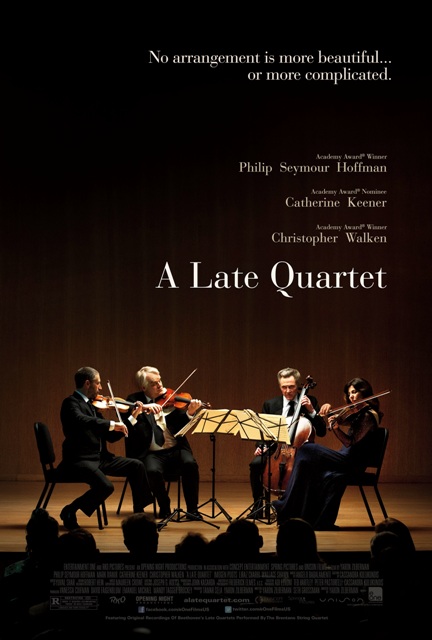 Late Quartet Poster with musicians playing classical instruments on stage