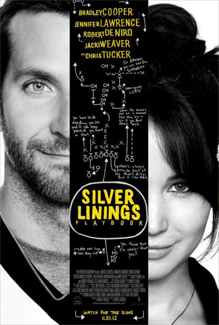 Silver Linings Playbook Poster with Bradley Cooper and Jennifer Lawrence's faces split by the graphic