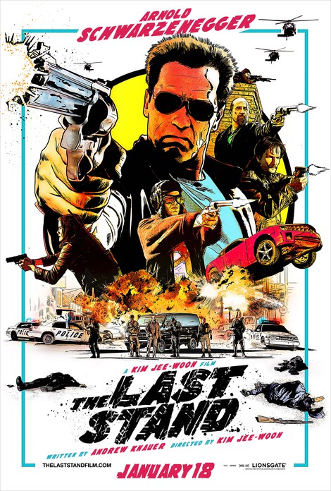 The Last Stand Poster with Arnold in sunglasses firing a gun