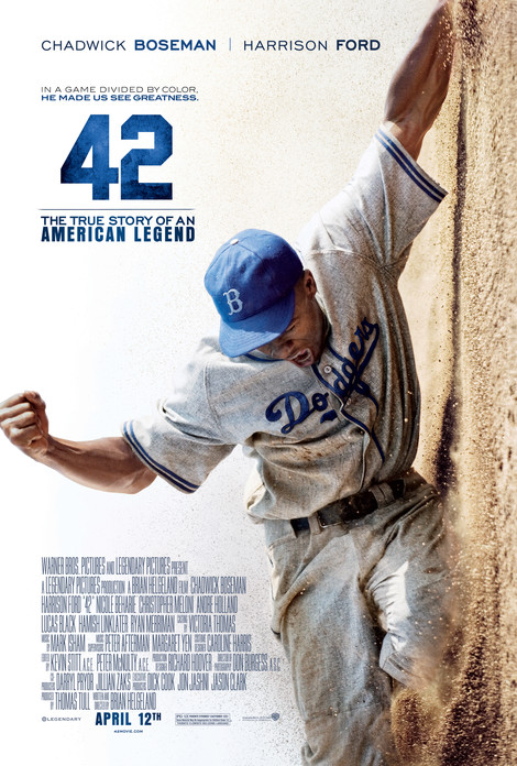42 Movie poster with Chadwick Boseman as Jackie Robinson sliding into a base like he is climbing up a wall