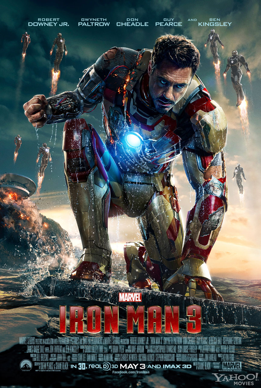 Iron Man 3 poster with Tony crouching in his suit not wearing a helmet while other Iron Man suits fly in the background
