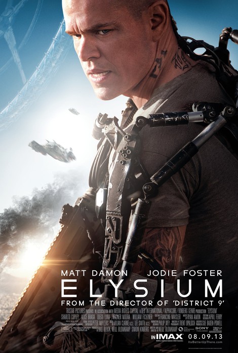 Elysium poster with Matt Damon looking over his shoulder holding a gun