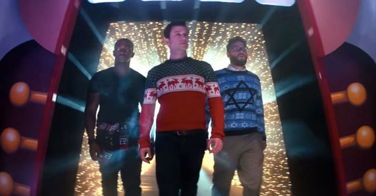 Anthony Mackie, Joseph Gordon-Levitt, and Seth Rogen in THE NIGHT BEFORE