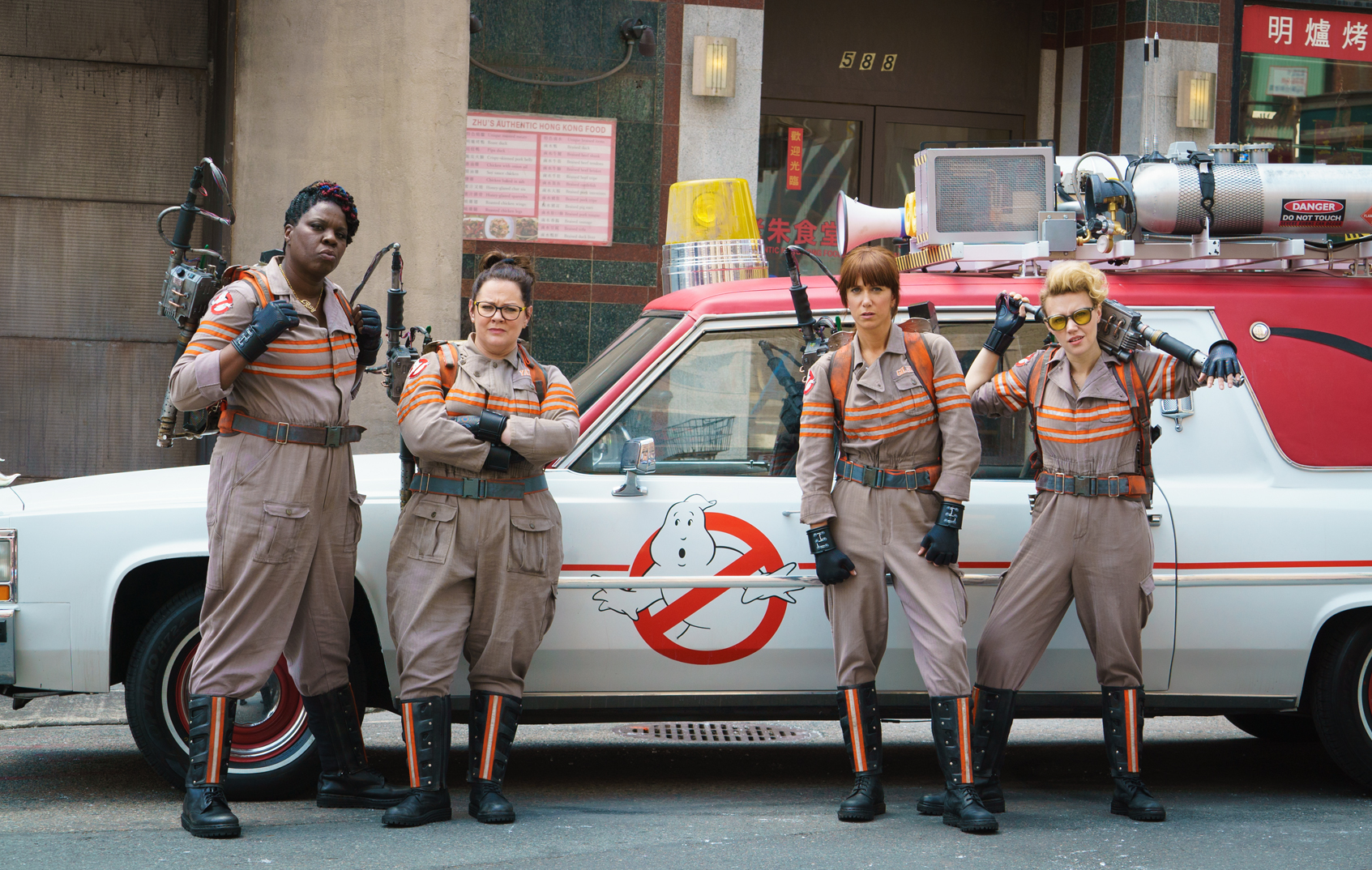 Leslie Jones, Melissa McCarthy, Kristen Wiig, and Kate McKinnon in GHOSTBUSTERS.