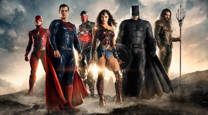 The Flash, Superman, Cyborg, Wonder Woman, Batman, and Aquaman standing authoritatively in Justice League.