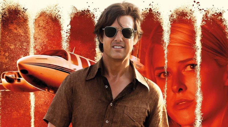 Tom Cruise in sunglasses grinning on the poster of American Made.