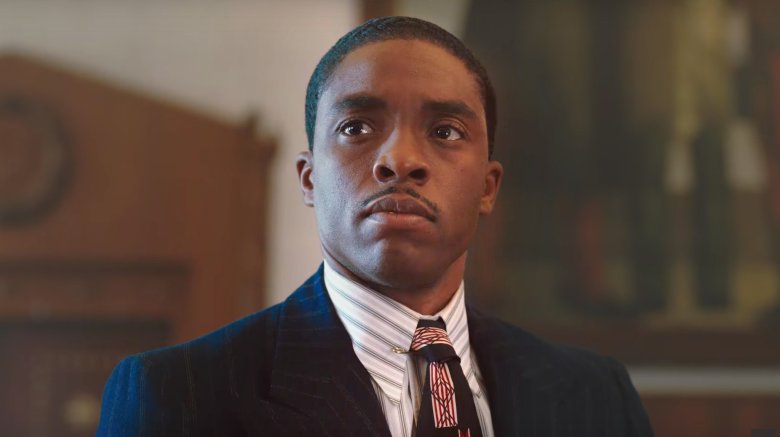Chadwick Boseman looking authoritative as Thurgood Marshall in the movie Marshall.