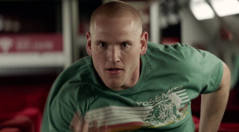 Spencer Stone runs at an attacker in Clint Eastwood's film The 15:17 to Paris.
