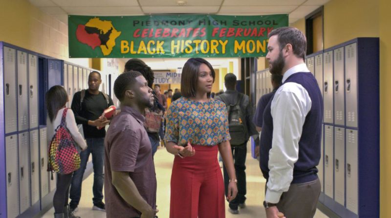 Kevin Hart and Tiffany Haddish standing in a high school hallway talking to Taran Killam in the movie Night School.