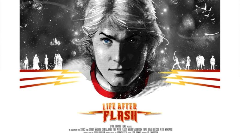 The poster for the documentary Life After Flash with a stylized image of Sam Jones in black and white with half his face in shadow.
