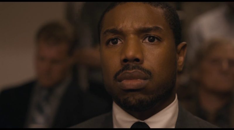 Michael B. Jordan looks ahead in dismay in the movie Just Mercy