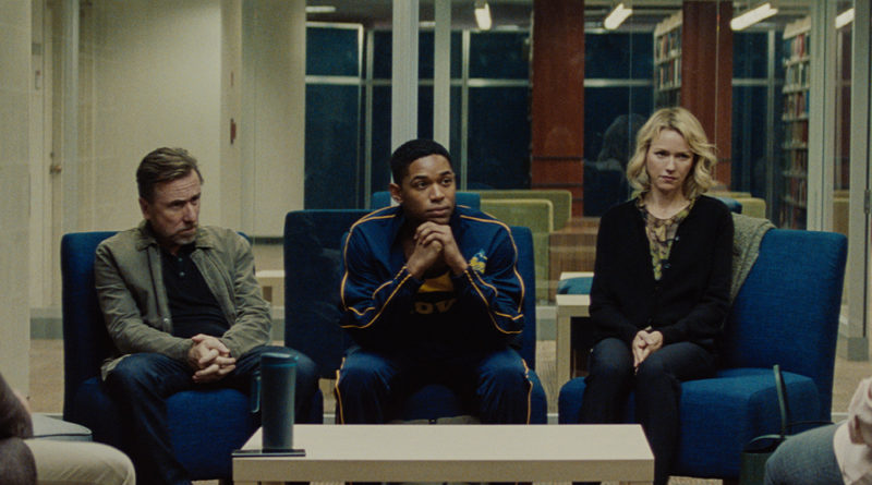 Tim Roth, Kelvin Harrison Jr. and Naomi Watts wait for a parent teacher conference in the movie Luce