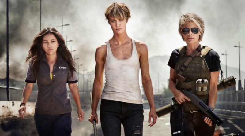 Natalia Reyes, Mackenzie Davis, and Linda Hamilton walk defiantly in the movier Terminator: Dark Fate