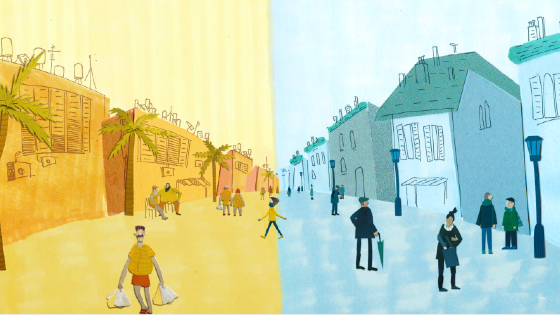 A split screen one yellow and one blue to show the differences between Israel and France in the animated short In Between, Diary.