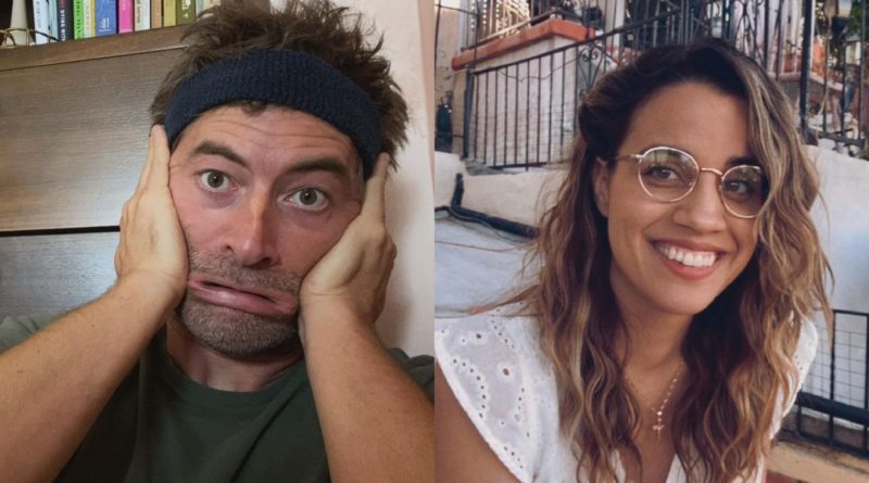 In a split-screen from the movie Language Lessons, Mark Duplass stretches his face in a funny way, while Natalia Morales laughs