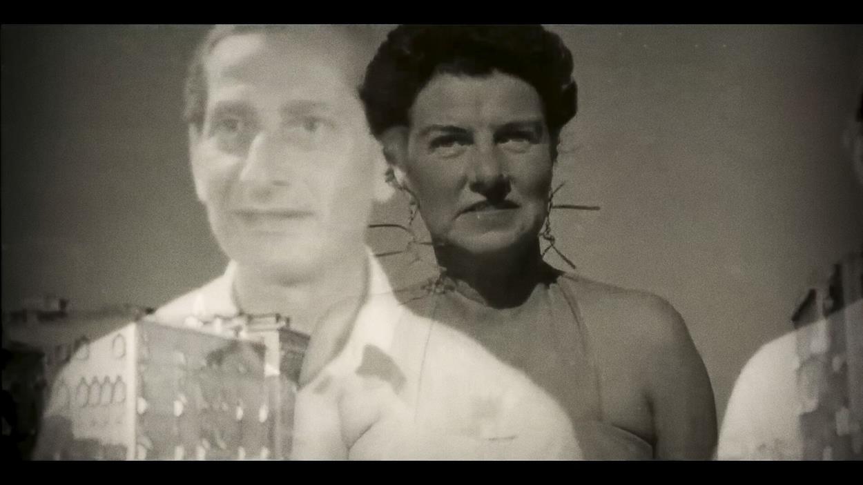 A still from the documentary Nothing But 34 Paintings with the Director of the Tel Aviv Museum superimposed over an image of Peggy Guggenheim.